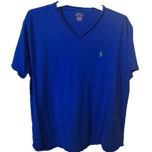 Ralph Lauren Polo Men's L Royal Blue V-Neck Short Sleeve T-Shirt Green Logo - Picture 1 of 7